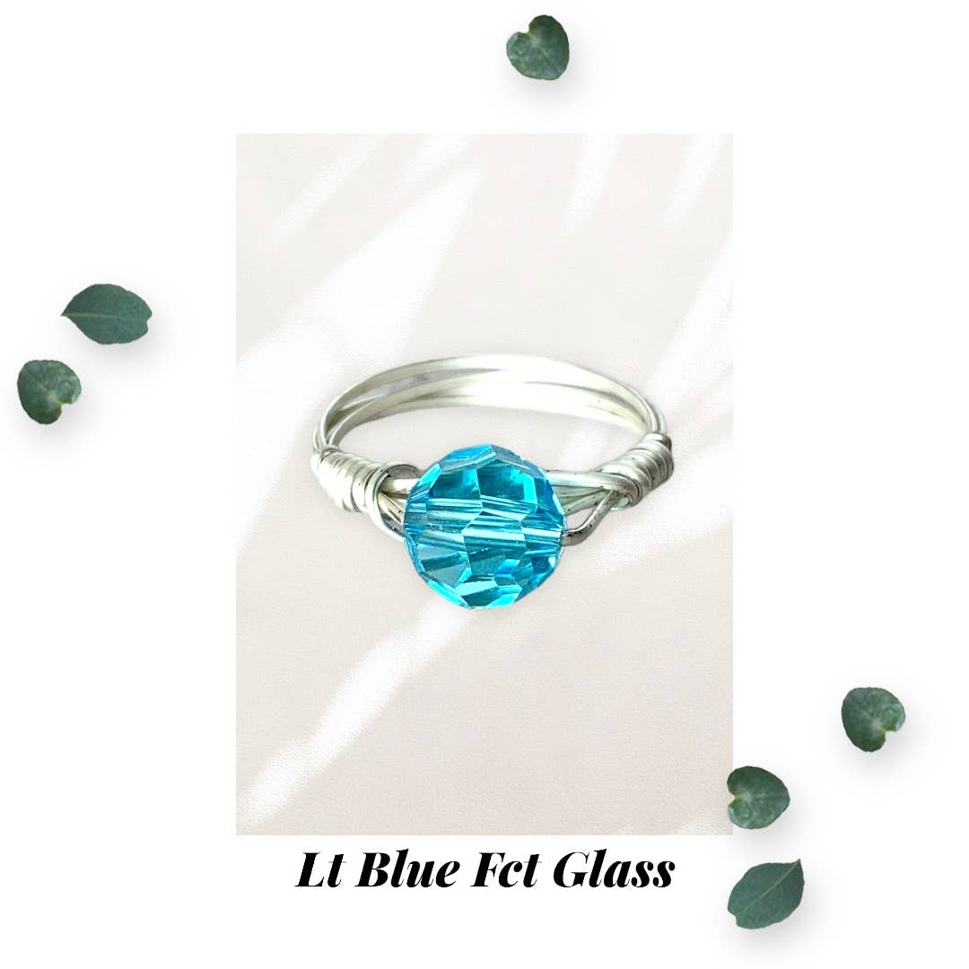 Light Blue Faceted Glass Silver Ring - Size 6